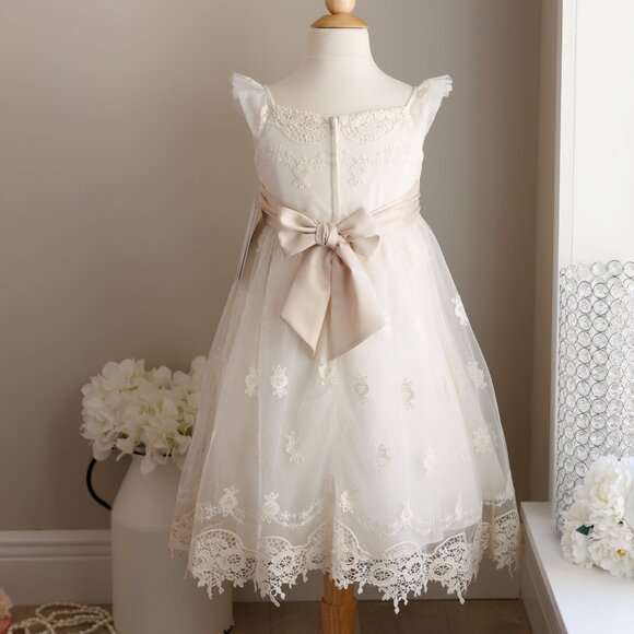 Stunning Ivory Flower Girl Embroidered Lace Tulle Dress Champagne Sash NWT - Picture 6 of 9